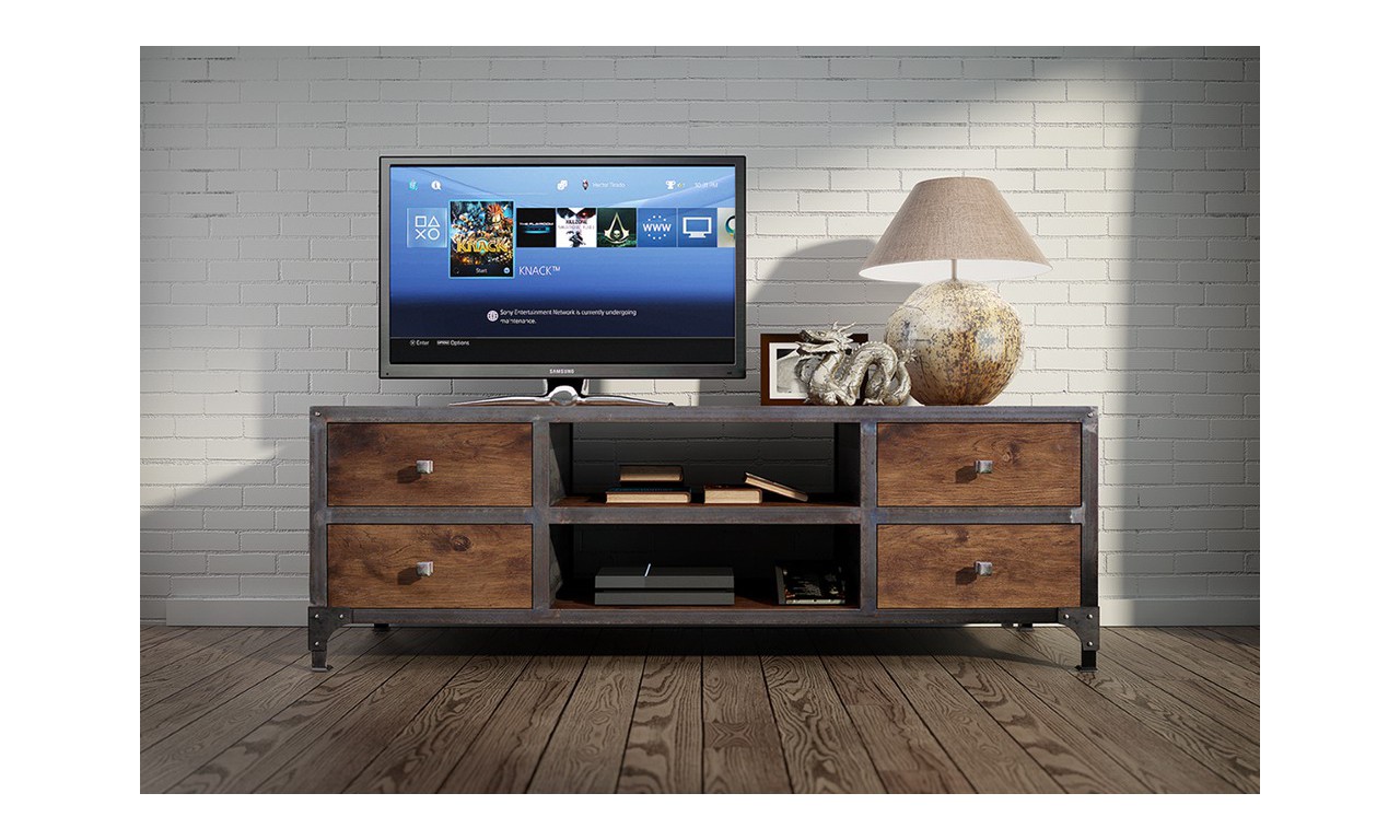 Stolik TV w stylu industrialnym z drewna i stali DSMGSt1