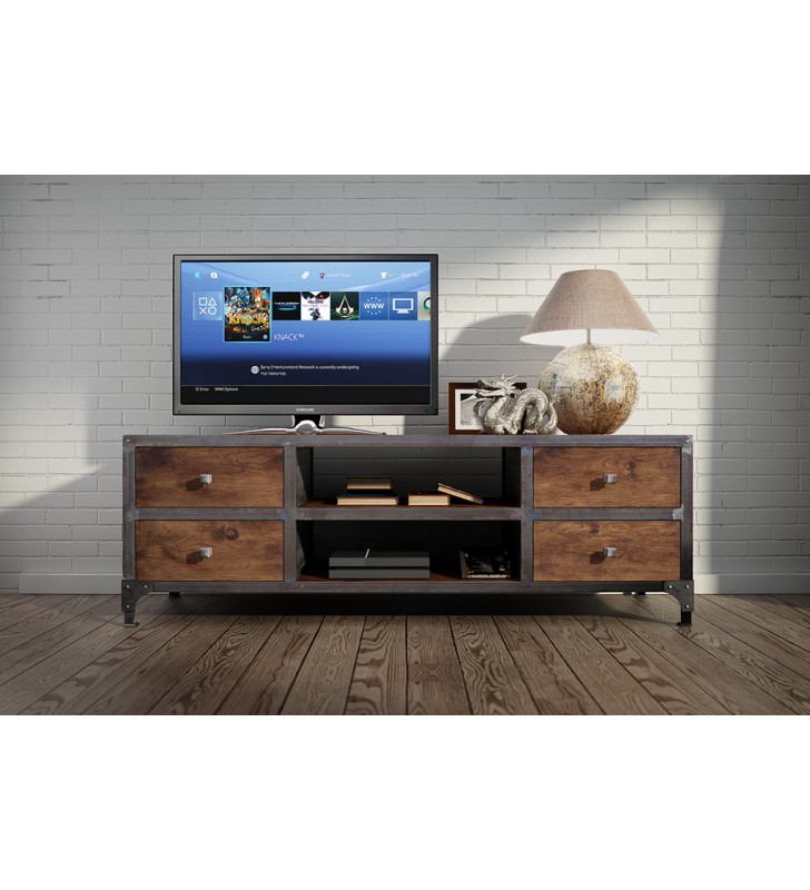 Stolik TV w stylu industrialnym z drewna i stali DSMGSt1