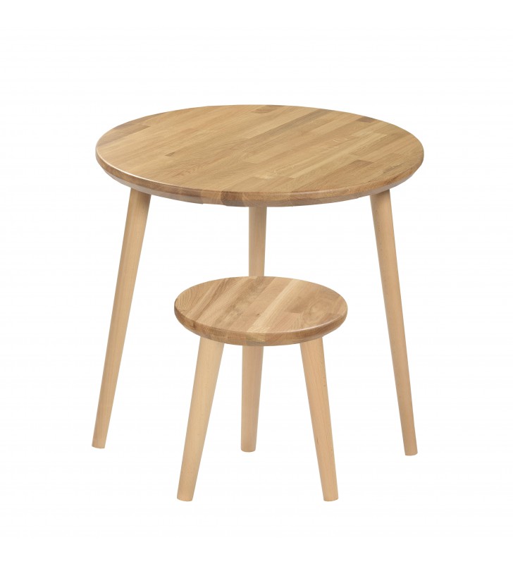 Dębowy, brązowy taboret z okrągłym siedziskiem o średnicy 30 cm i wys. 34-41 cm Kiara