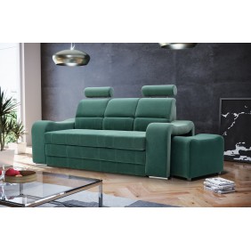 Zielona, rozkładana sofa z pojemnikiem na pościel i dwiema pufami Wenus