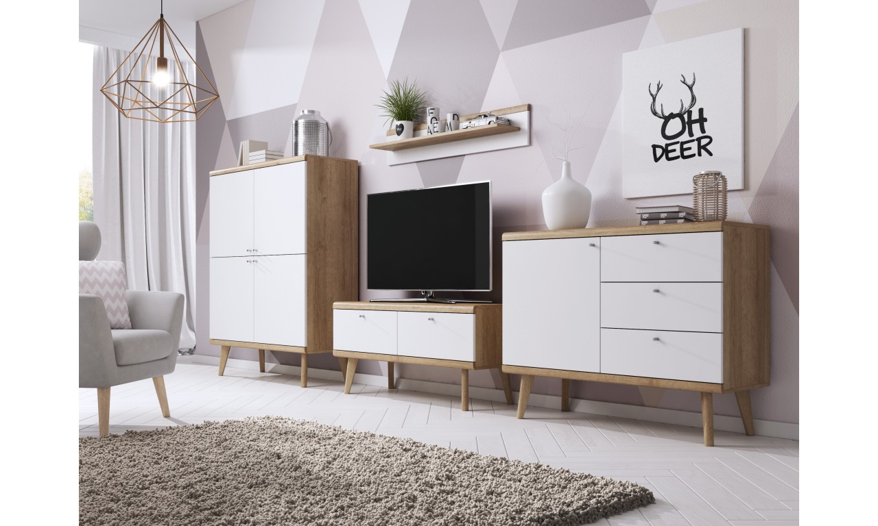 Biało-brązowy, szeroki stolik RTV w stylu skandynawskim PRIMO PRTV160