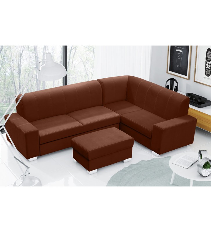 Brązowy narożnik z pufą, funkcją spania i pojemnikiem na pościel Mecenas