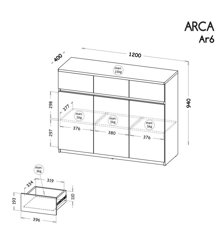Szeroka komoda w stylu nowoczesnym, dostępna w dwóch propozycjach kolorystycznych ARCA AR6