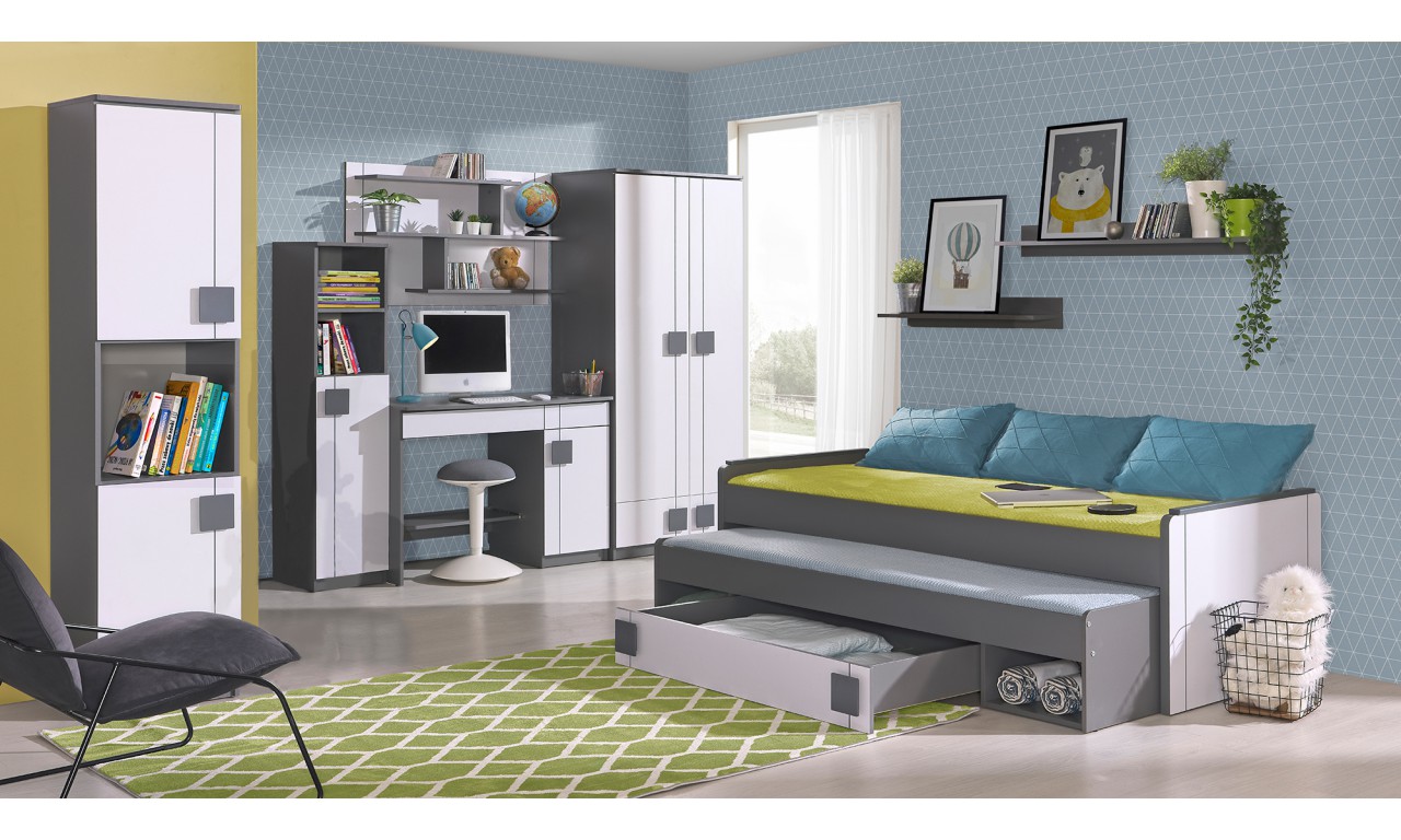 Biało-szare łóżko piętrowe z szafką i biurkiem GUMI G15