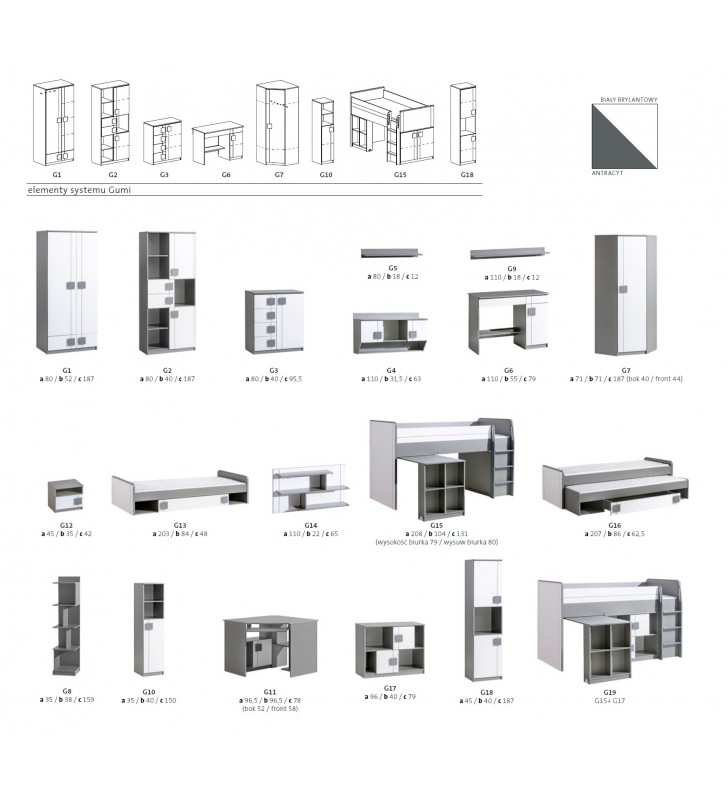 Biało-szare łóżko piętrowe z biurkiem i dwiema szafkami GUMI G19 (G15+G17)