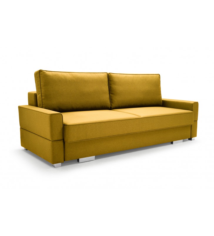 Żółta sofa Suzana, z funkcją spania i pojemnikiem na pościel