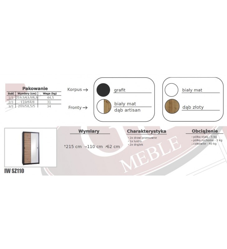Szafa przesuwna z lustrem Iwa w dwóch propozycjach kolorystycznych