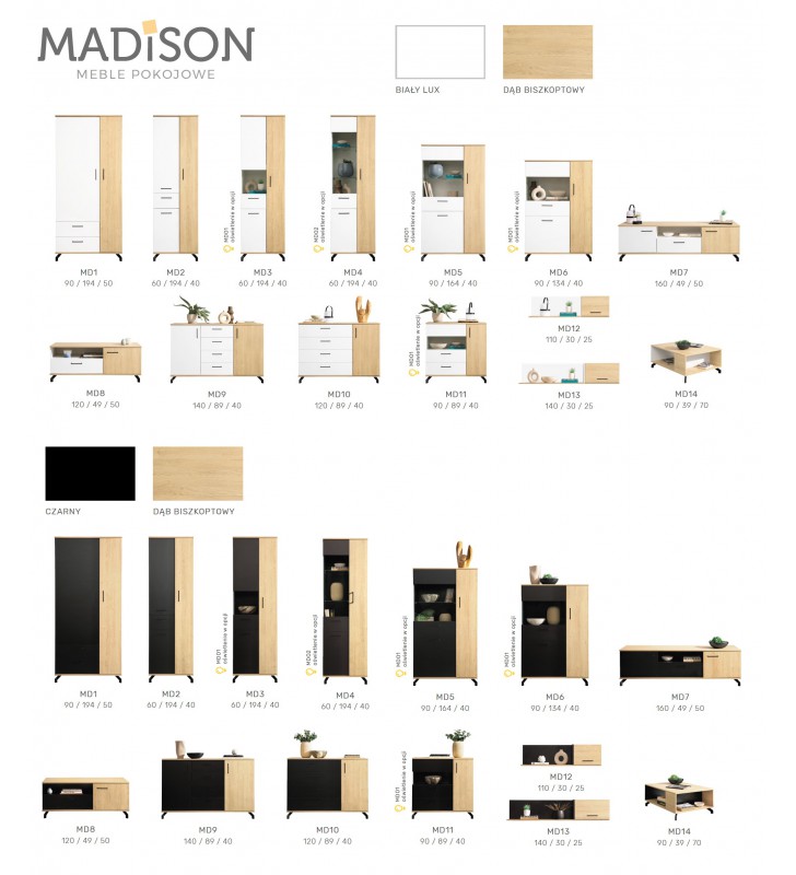 Biało lub czarno-brązowa wysoka witryna Madison MD4
