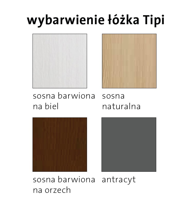 Łóżko sosnowe TIPI do pokoju dziecięcego dostępne w różnych kolorach