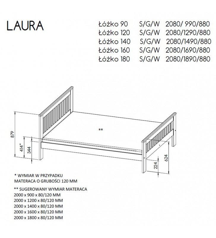 Szare lub białe łóżko z drewna sosnowego Laura (120x200)