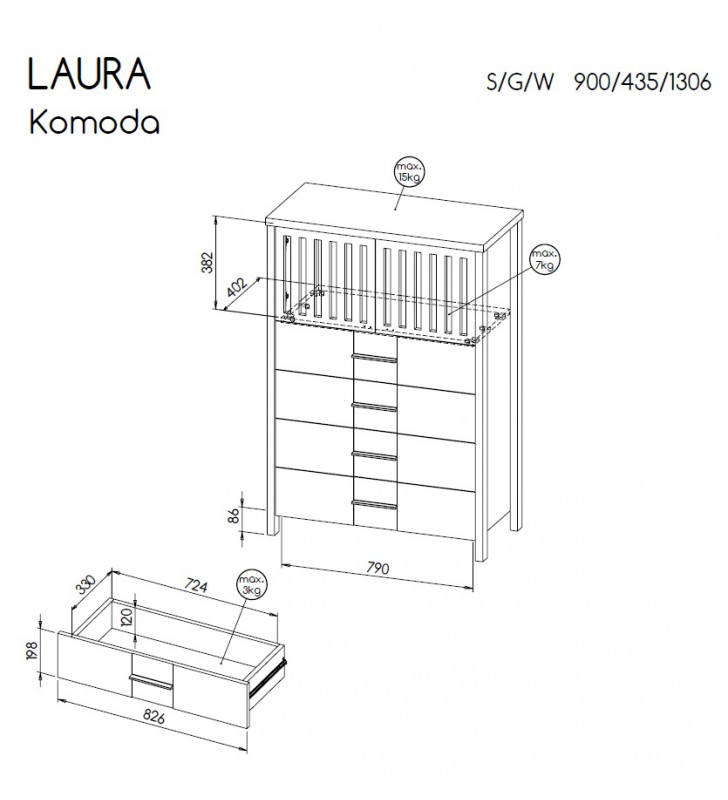 Szara lub biała komoda z drewna sosnowego Laura