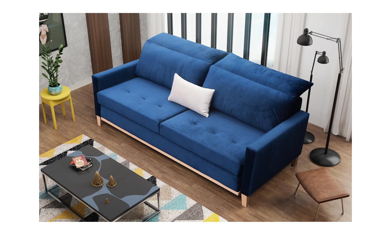Niebieska, rozkładana sofa z pojemnikiem na pościel Azja