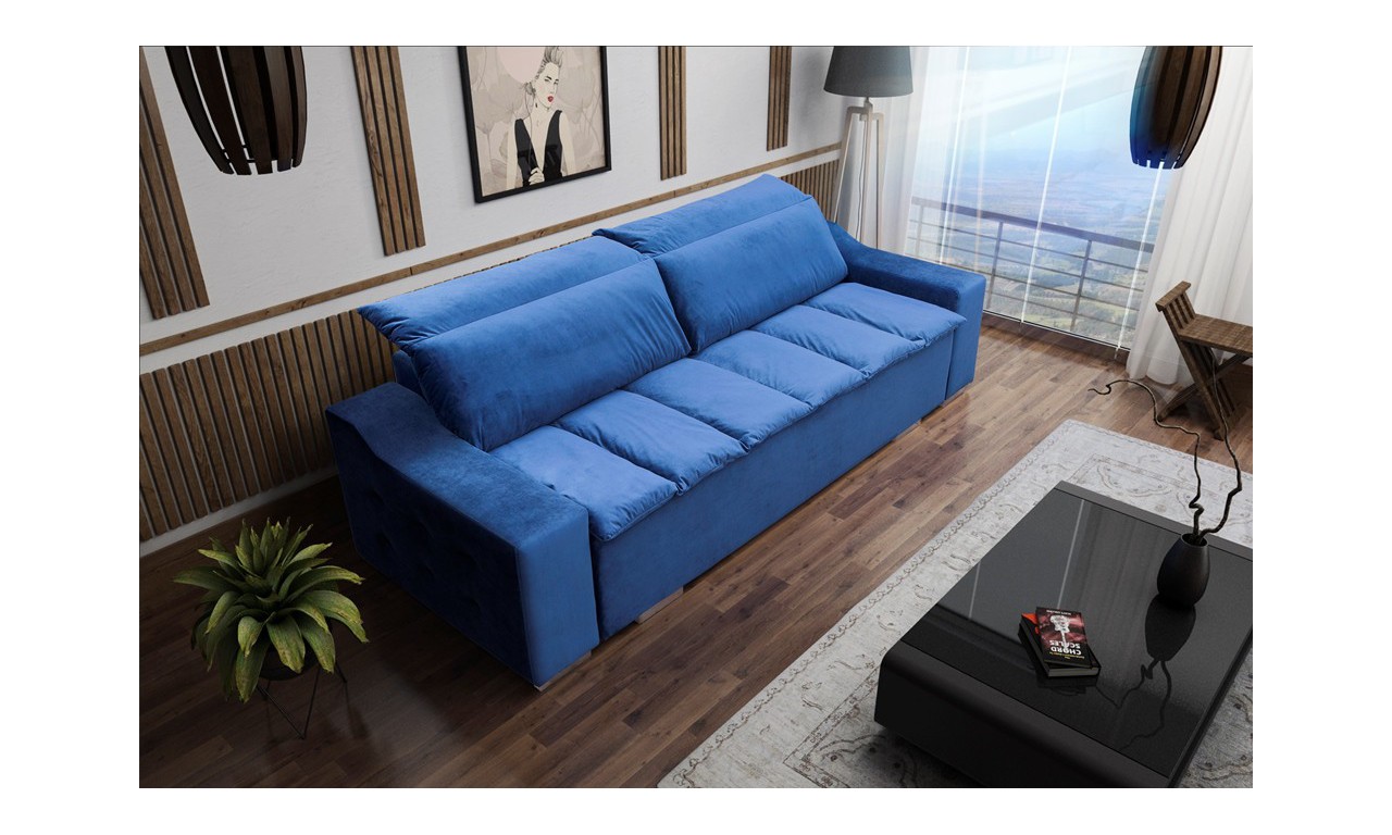 Niebieska, rozkładana sofa z pojemnikiem na pościel Cezar