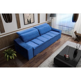 Niebieska, rozkładana sofa z pojemnikiem na pościel Cezar