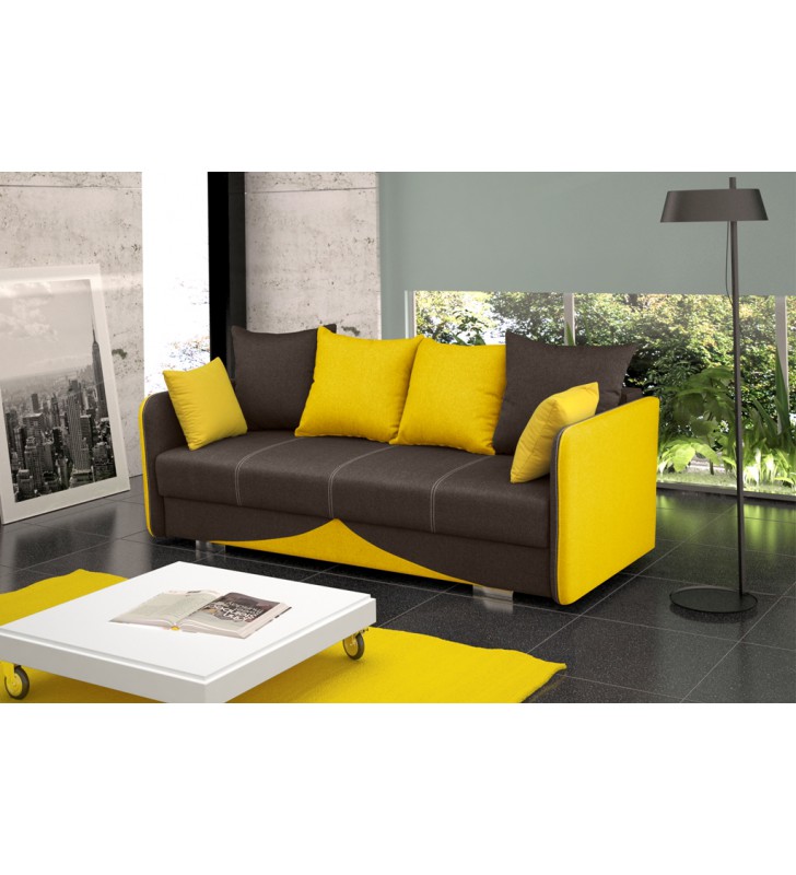 Brązowo-żółta, rozkładana sofa z pojemnikiem na pościel Iga