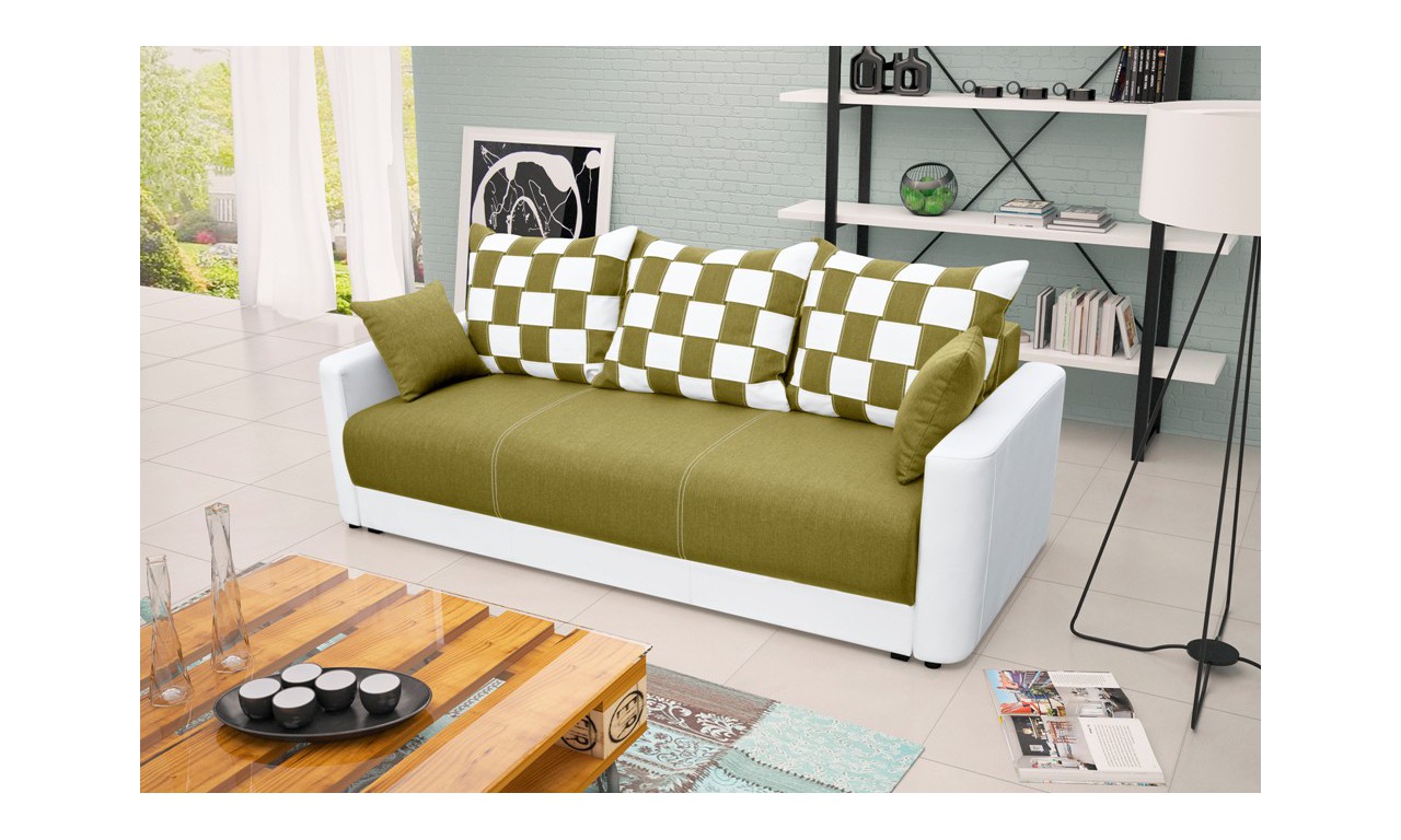 Zielona, rozkładana sofa z pojemnikiem na pościel Xara