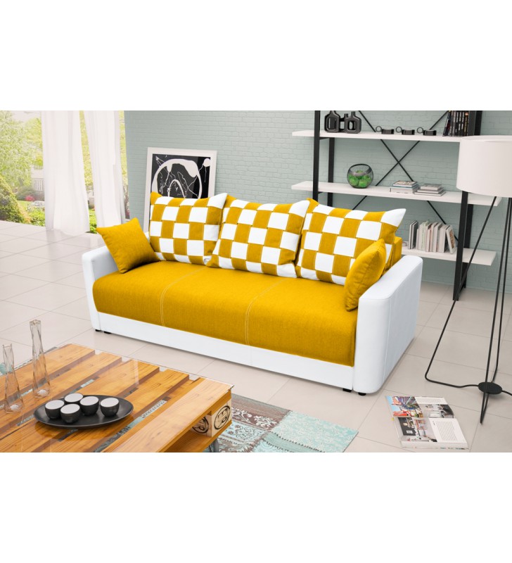 Żółta, rozkładana sofa z pojemnikiem na pościel Xara