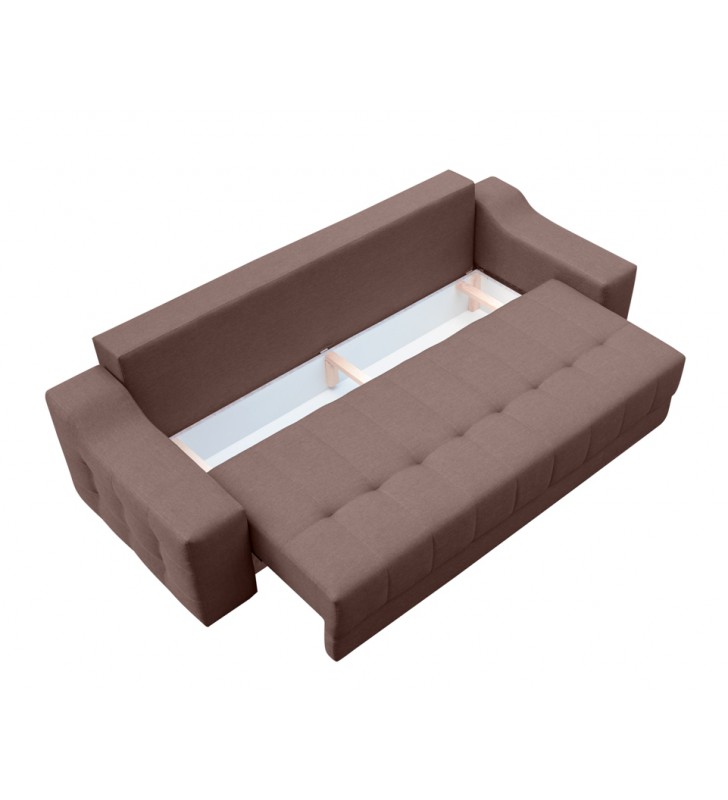 Beżowa, rozkładana sofa z pojemnikiem na pościel Cyntia