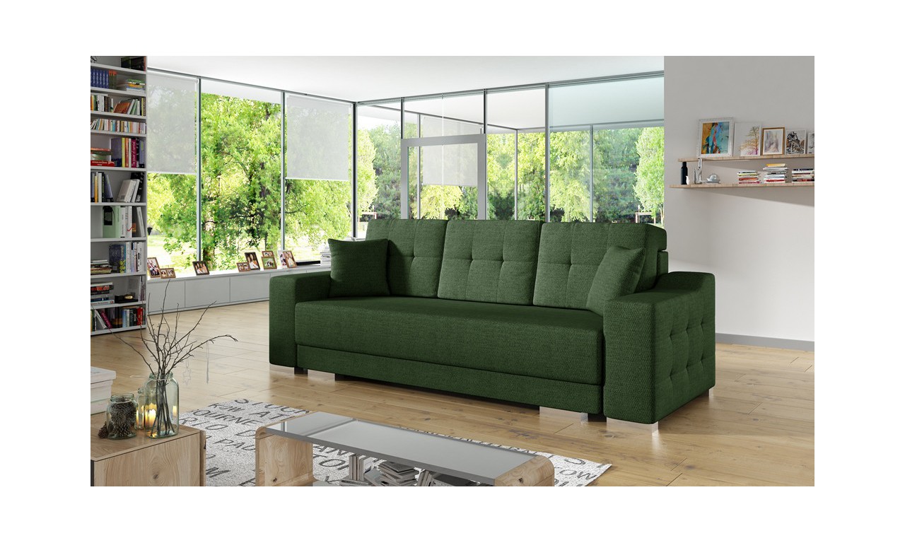 Zielona, rozkładana sofa z pojemnikiem na pościel Cypis malmo37