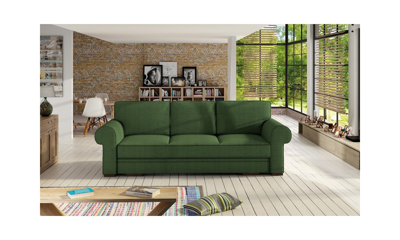 Zielona, rozkładana sofa z pojemnikiem na pościel Bukiet