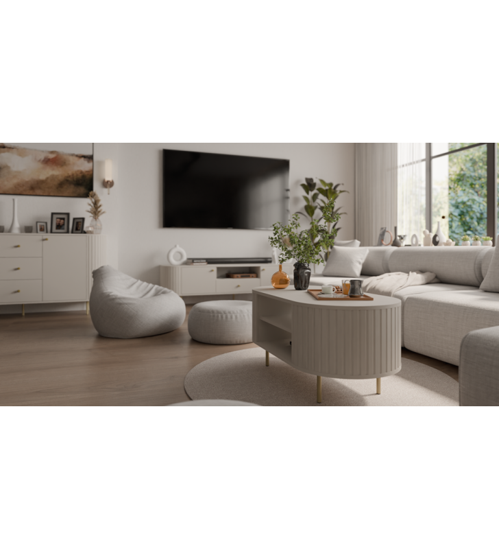 Beżowy, szeroki stolik RTV w stylu nowoczesnym Ovalio 321