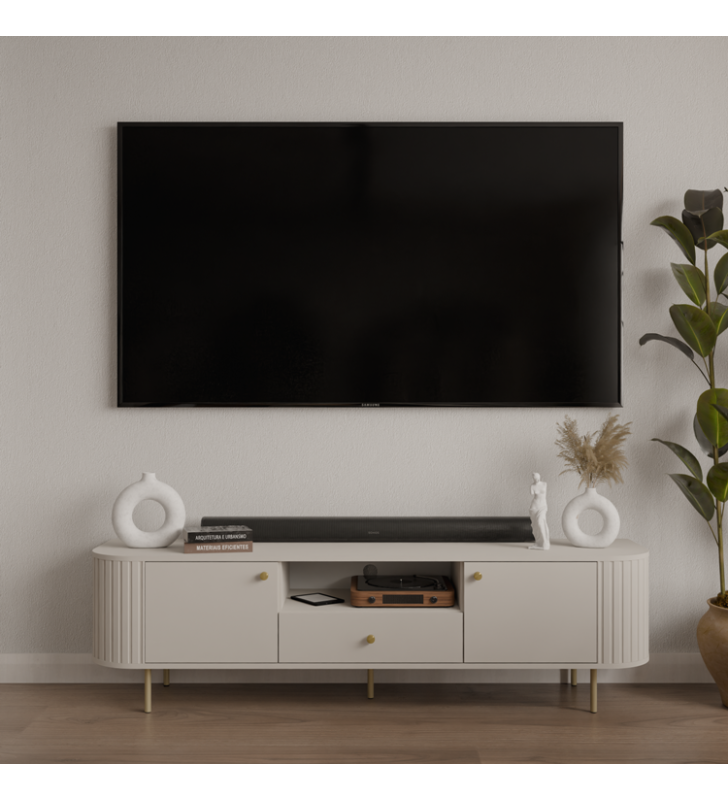 Beżowy, szeroki stolik RTV w stylu nowoczesnym Ovalio 321