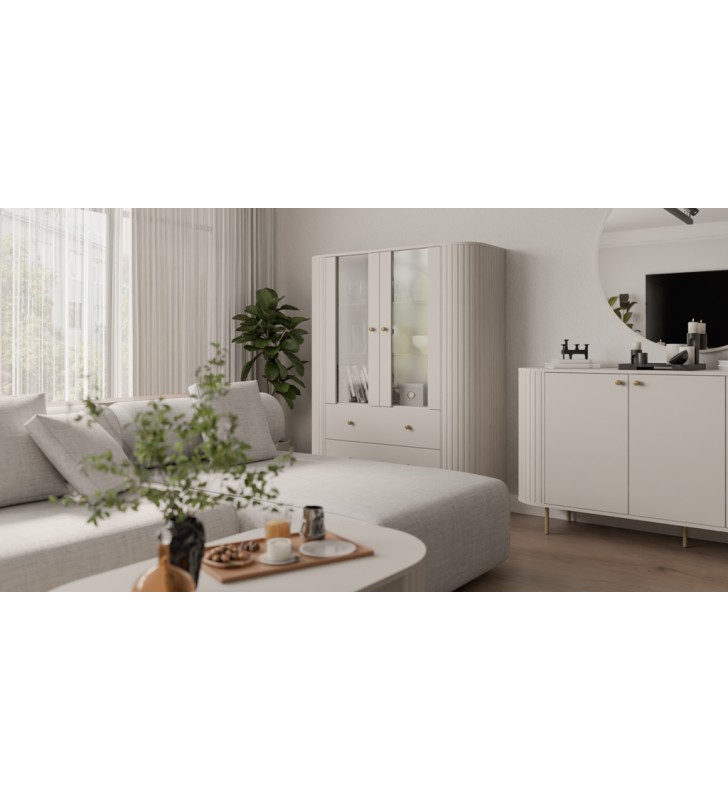 Beżowa, szeroka witryna w stylu nowoczesnym Ovalio 122