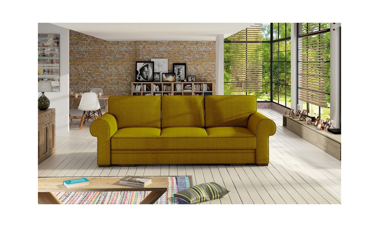 Żółta, rozkładana sofa z pojemnikiem na pościel Bukiet