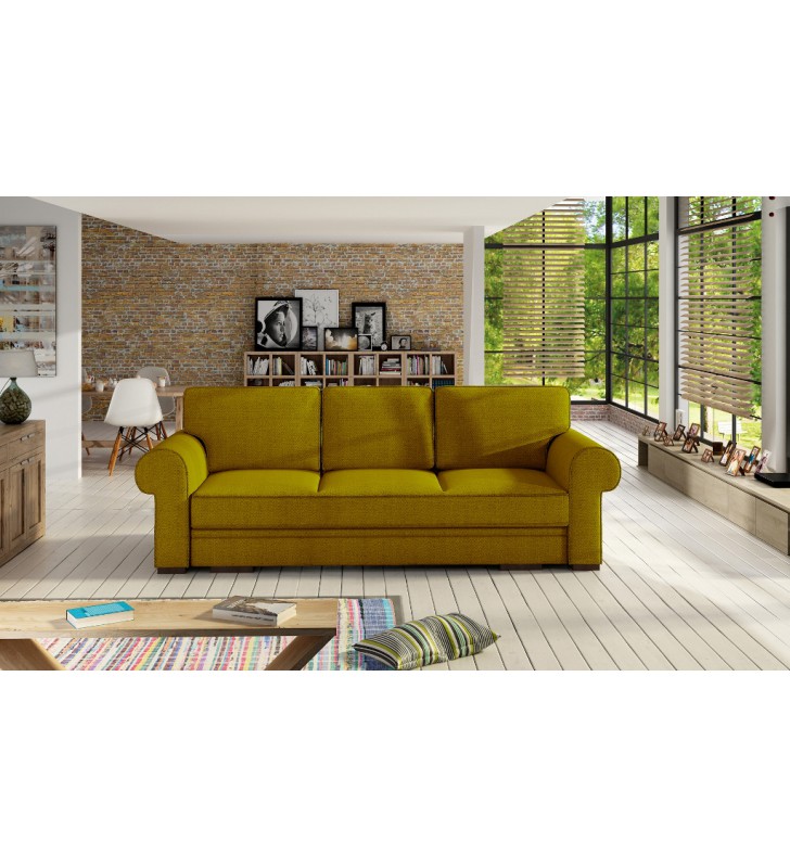 Żółta, rozkładana sofa z pojemnikiem na pościel Bukiet