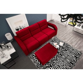 Czerwona, rozkładana sofa z pojemnikiem na pościel oraz z pufą Aliss