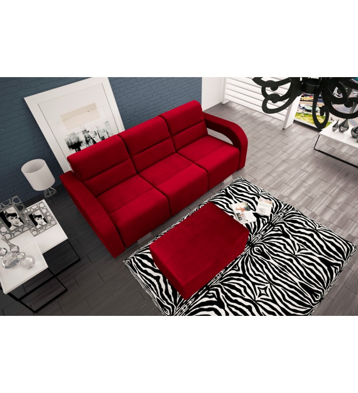Czerwona, rozkładana sofa z pojemnikiem na pościel oraz z pufą Aliss