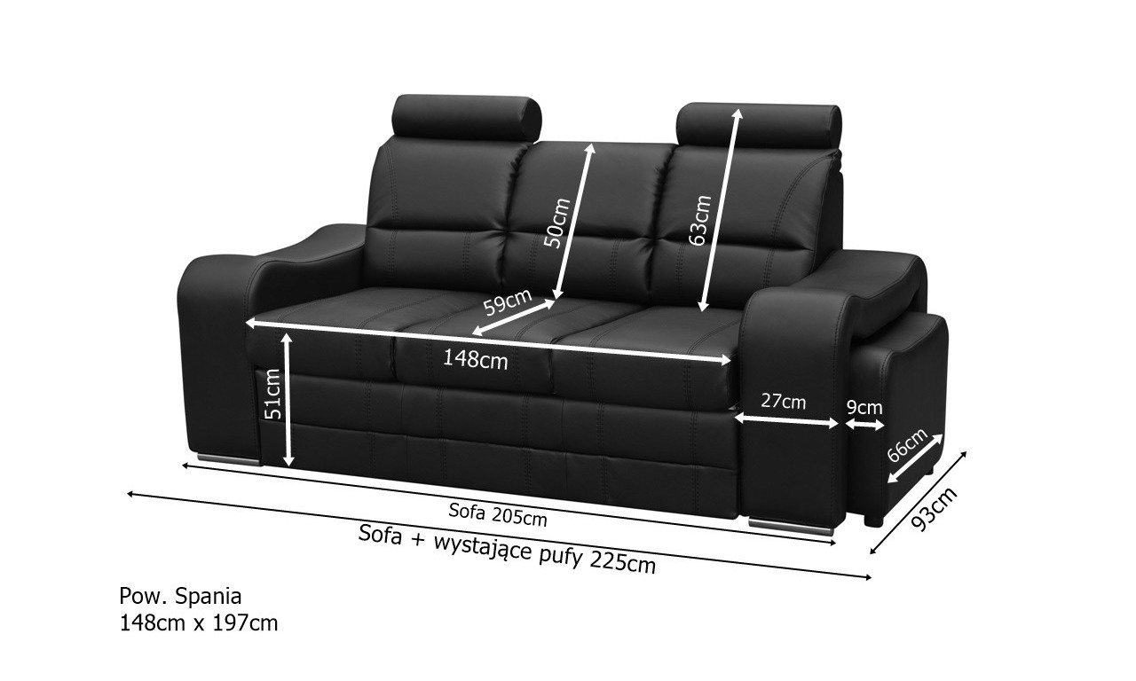 Brązowa, rozkładana sofa z pojemnikiem na pościel i dwiema pufami Wenus