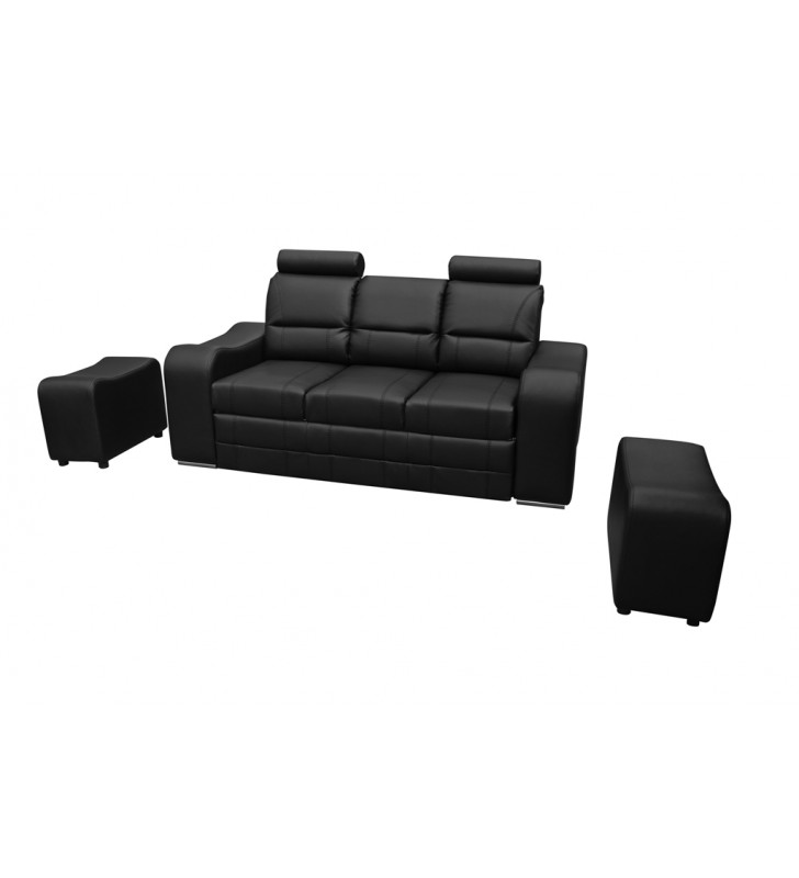 Beżowa, rozkładana sofa z pojemnikiem na pościel i dwiema pufami Wenus