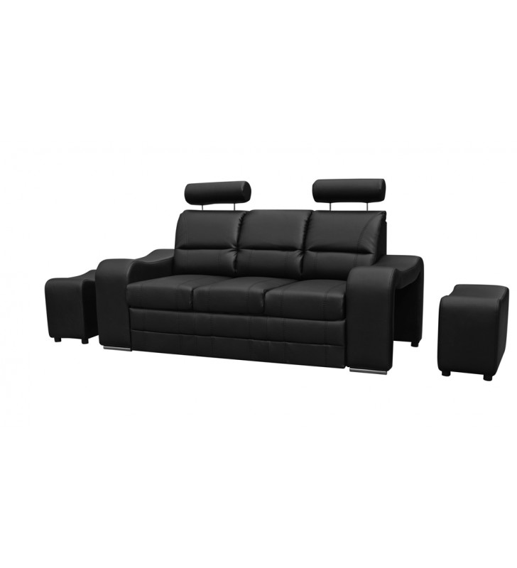 Beżowa, rozkładana sofa z pojemnikiem na pościel i dwiema pufami Wenus