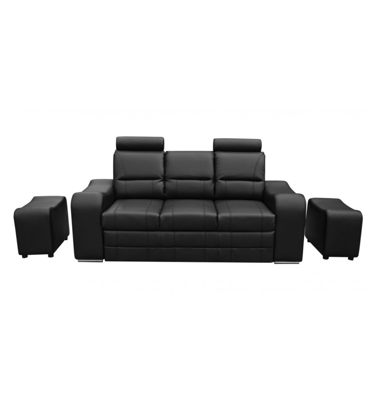Beżowa, rozkładana sofa z pojemnikiem na pościel i dwiema pufami Wenus