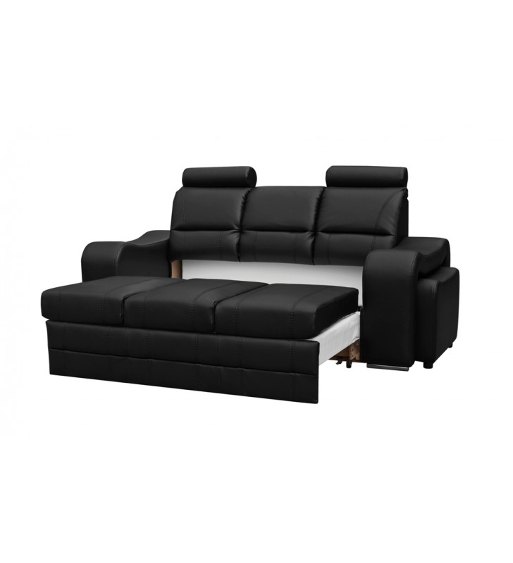 Czarna, rozkładana sofa z pojemnikiem na pościel i dwiema pufami Wenus