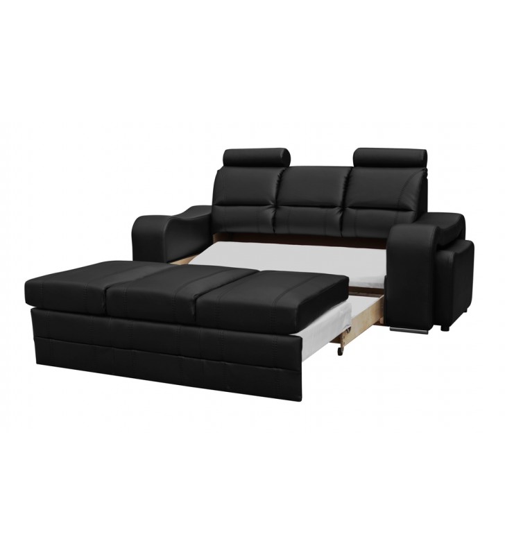 Czarna, rozkładana sofa z pojemnikiem na pościel i dwiema pufami Wenus