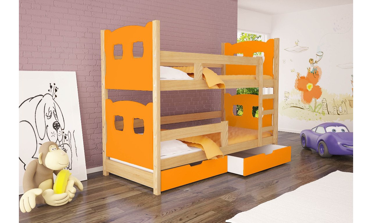Łóżko pomarańczowe, dwuosobowe, piętrowe z szufladami KMLk12pA