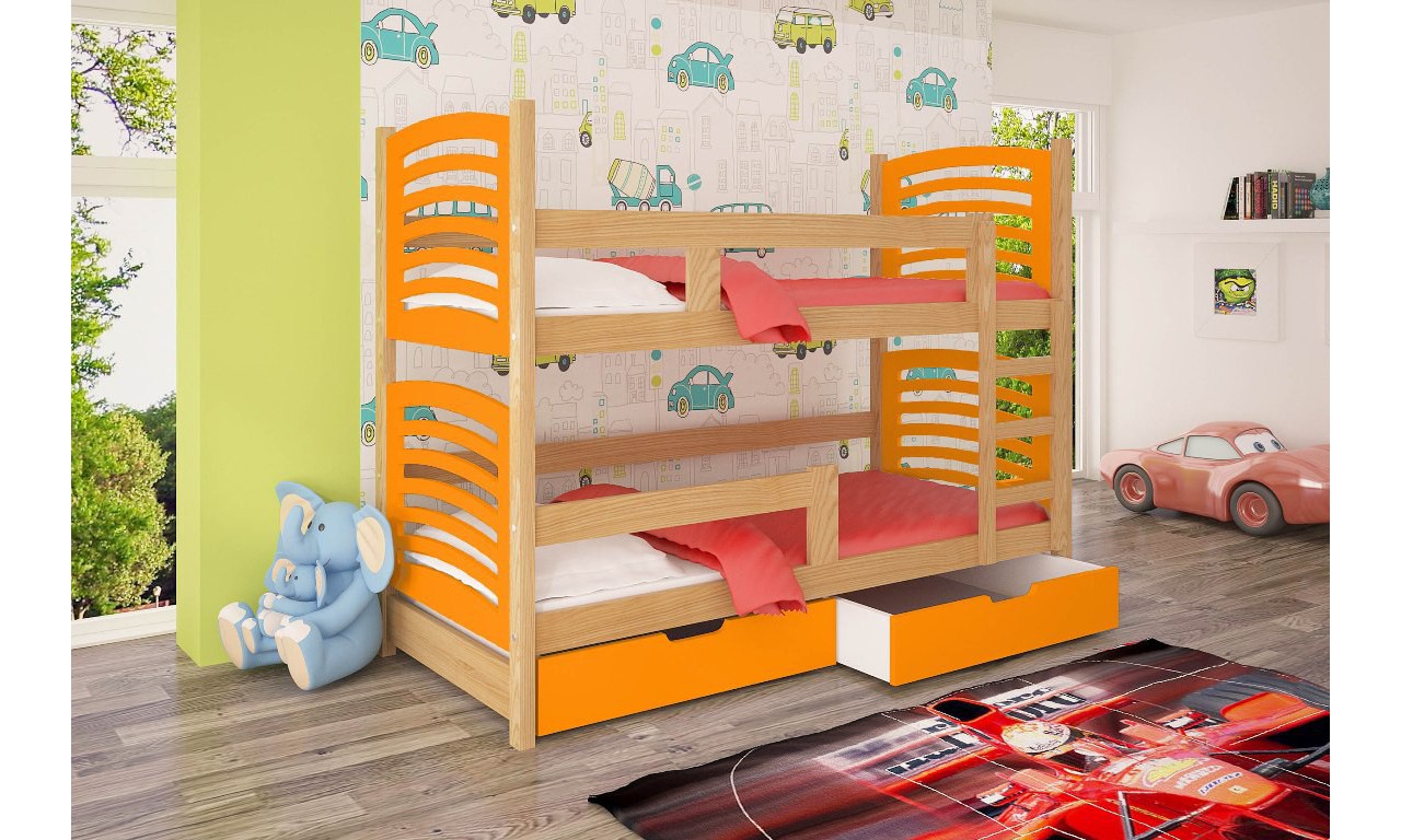 Łóżko pomarańczowe, dwuosobowe, piętrowe z szufladami KMLk12pB