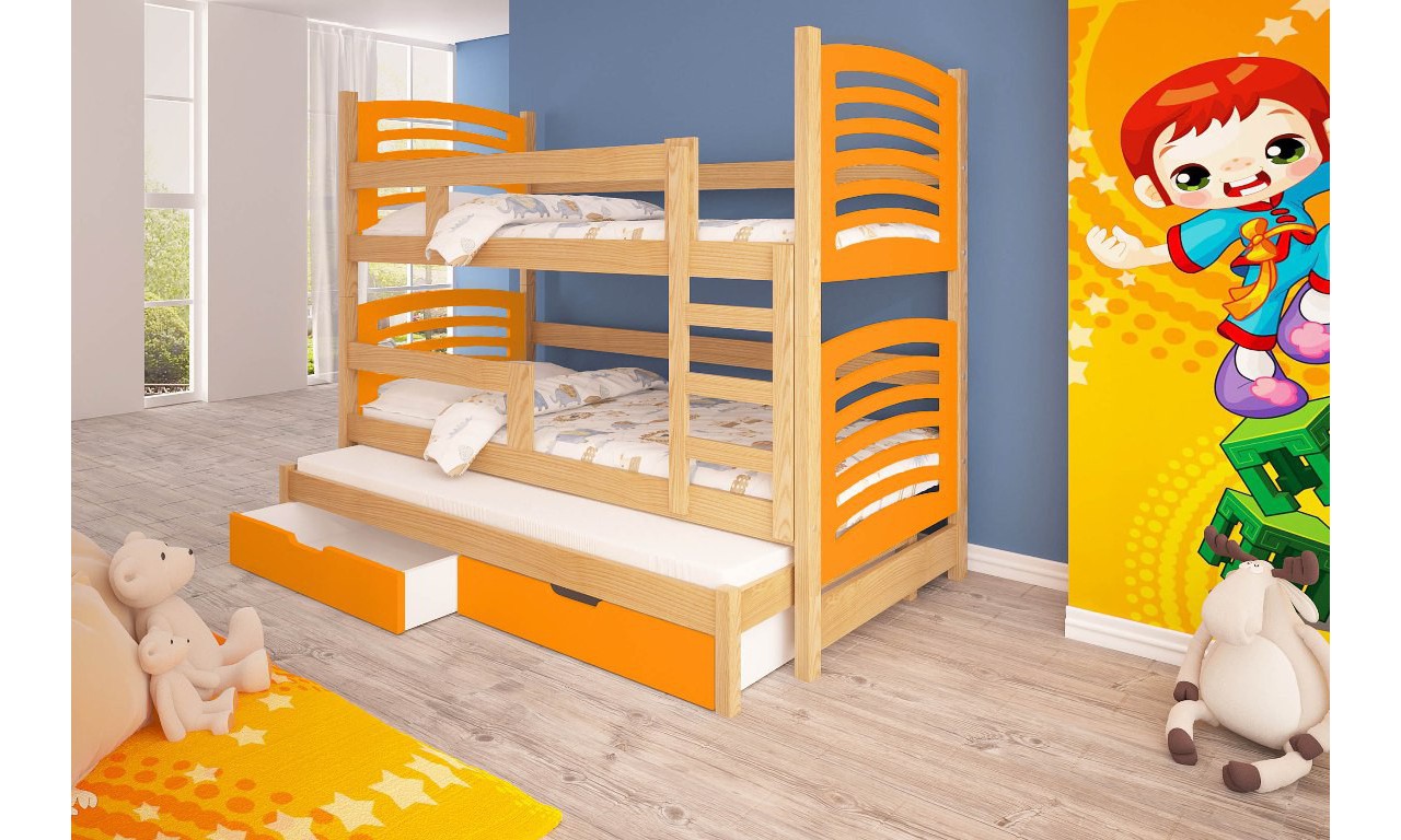 Łóżko pomarańczowe, trzyosobowe, piętrowe z szufladami KMLk13pB