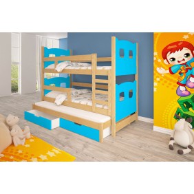 Łóżko niebieskie, trzyosobowe, piętrowe z szufladami KMLk13nA