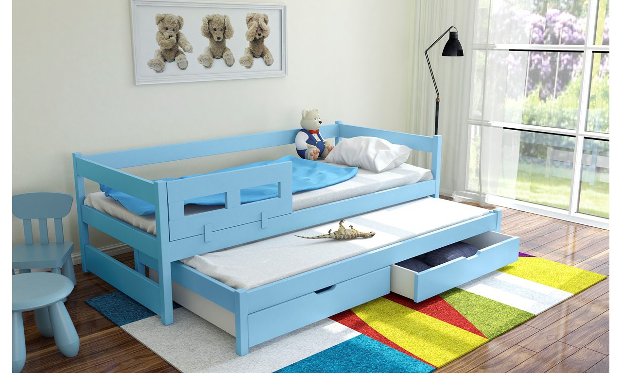 Łóżko niebieskie, dwuosobowe z szufladami KMLk5n