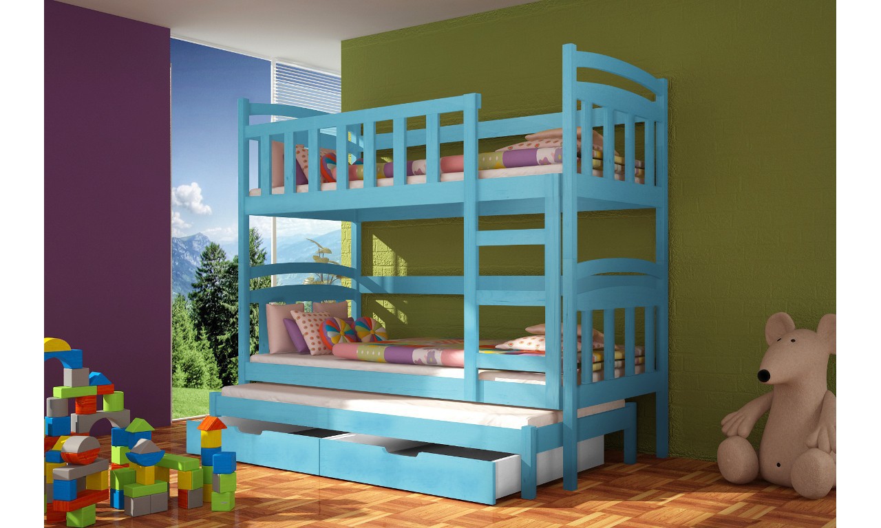 Łóżko niebieskie, trzyosobowe, piętrowe z szufladami KMLk4n